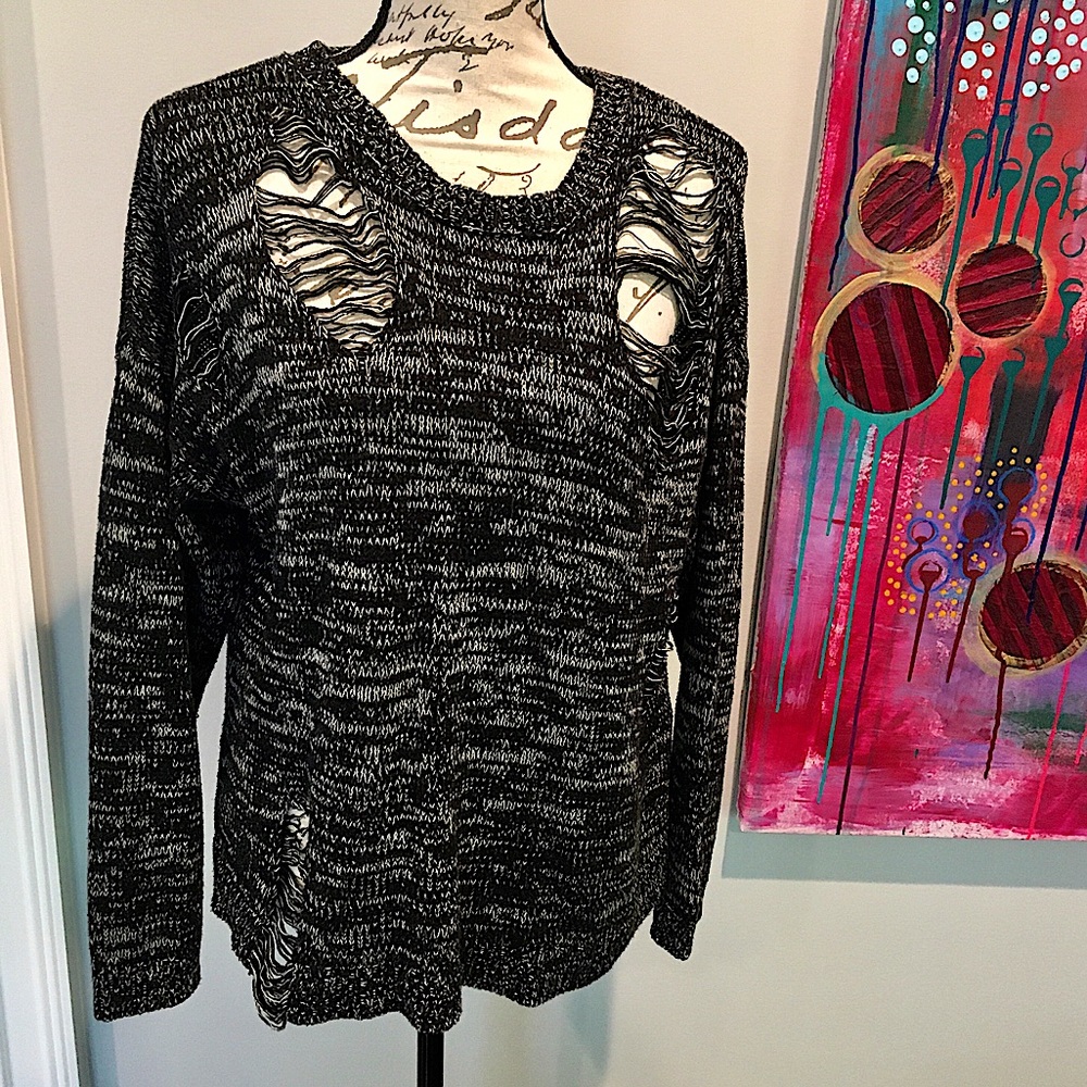 Gypsy Warrior Distressed Black & White Marled Sweater